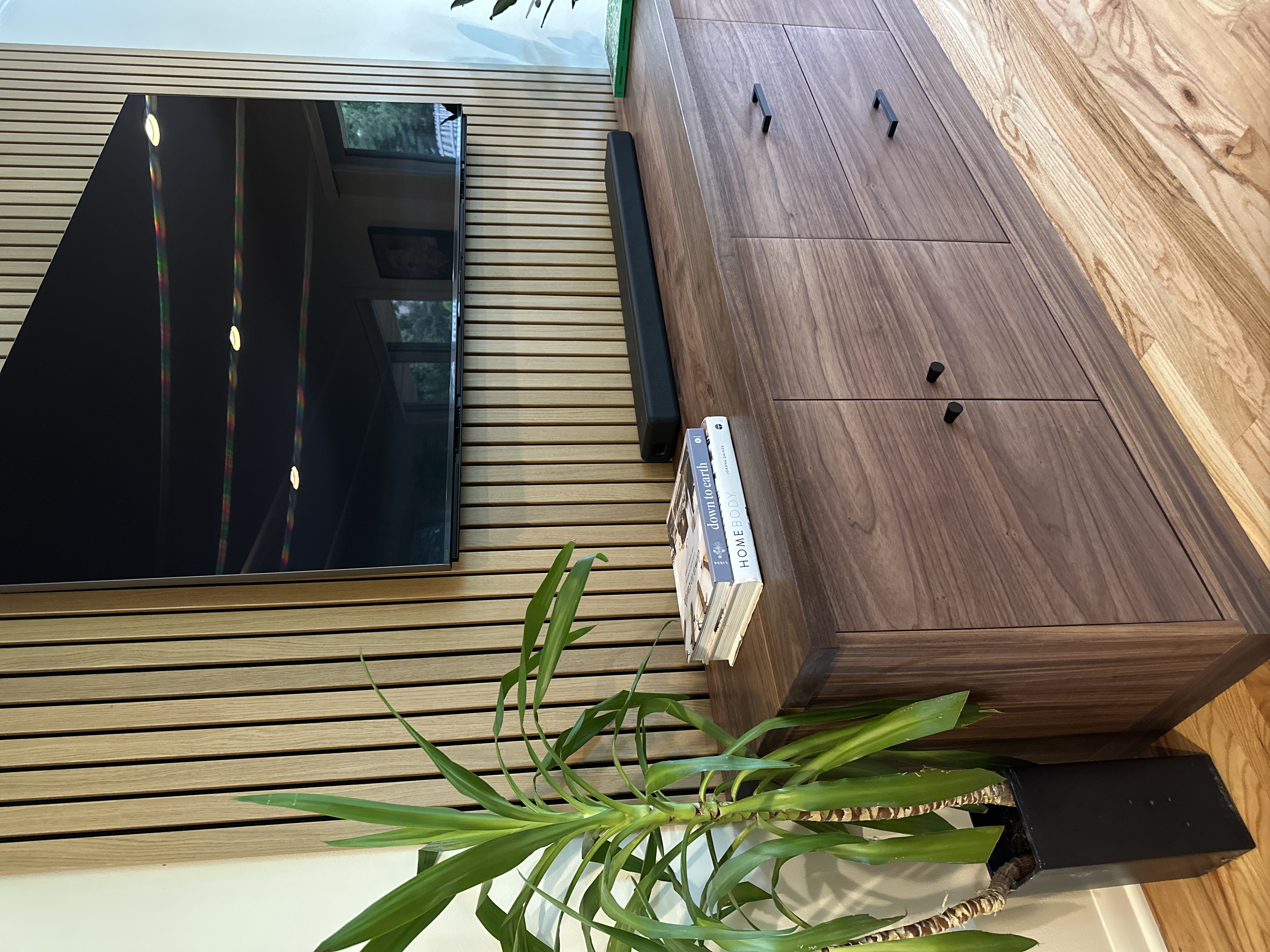 Natural walnut media cabinet and slat wall — Minneapolis MN